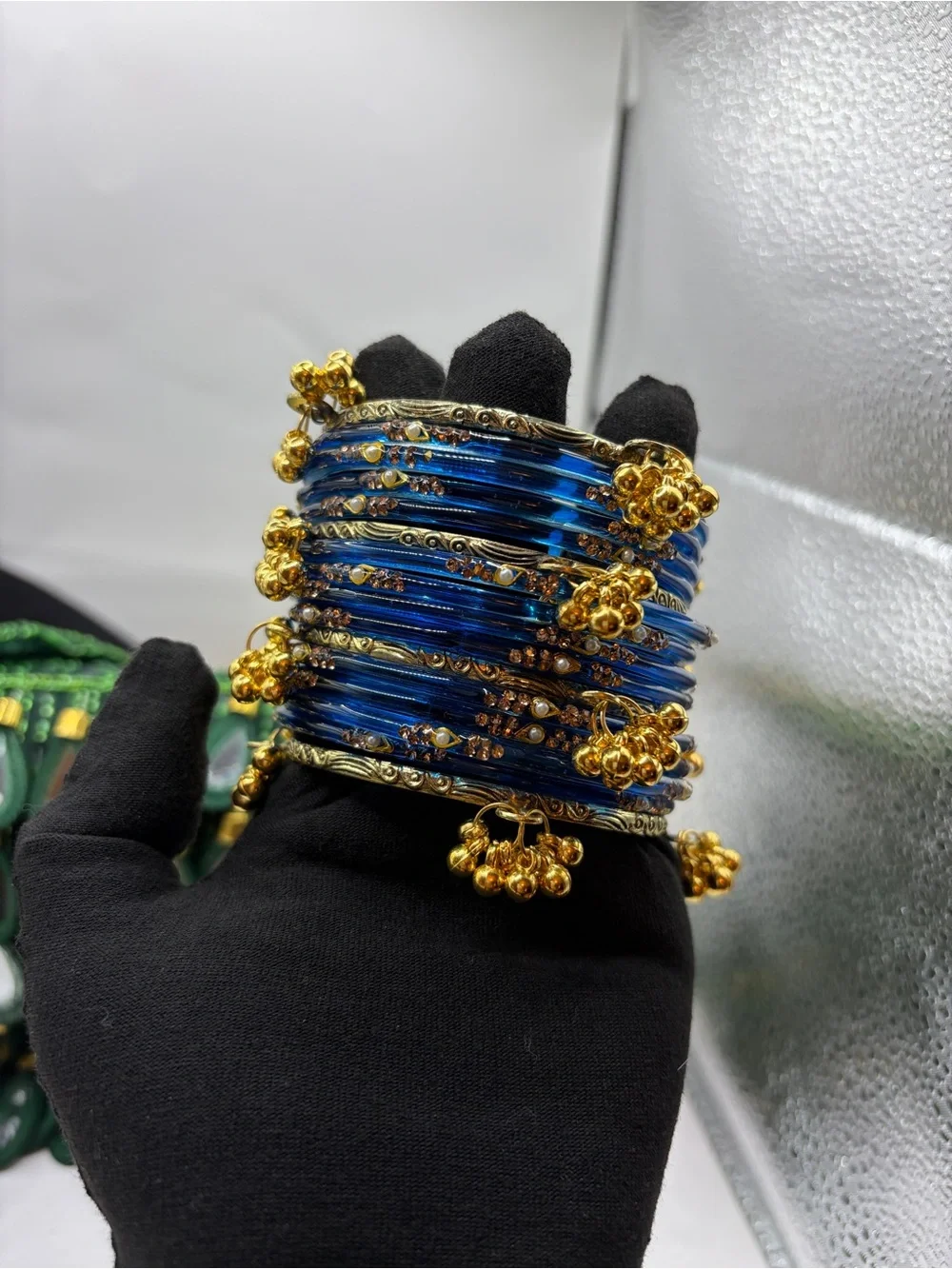 Kashmiri Desi Elegant Blue Glass - Pearls Drops Gold Women's Bangle Set